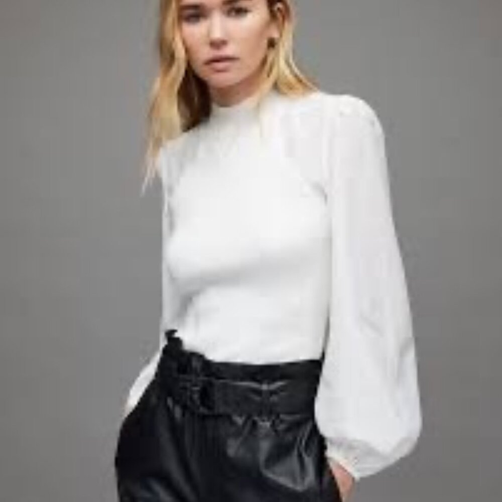 AllSaints White Knit Dolman Puff Sleeve Top Women’s XL 12 Elastic Cuff